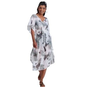 Ladies Palm Leaf Tropical Print Kaftan White Green Size XL LIKE NEW Cover-Up